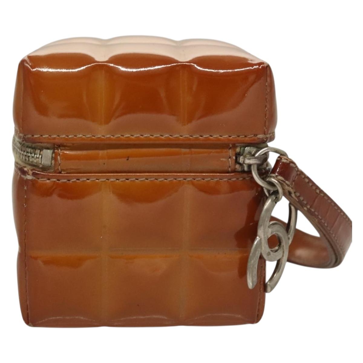 CHANEL Choco Bar Cube Pouch Patent leather Brown Silver CC Auth mr1474
