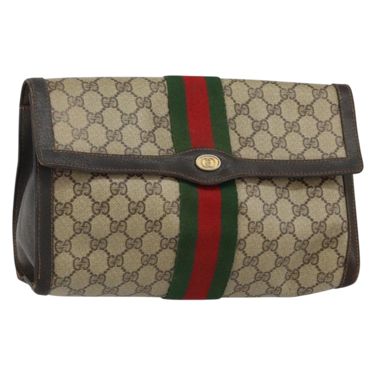 GUCCI GG Supreme Web Sherry Line Clutch Bag Beige Gold 84 01 007 Auth mr1500