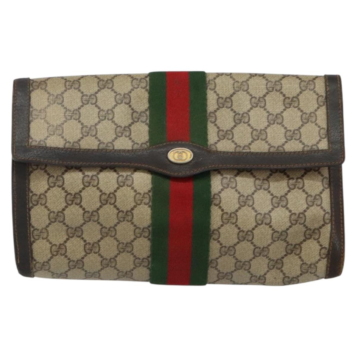 GUCCI GG Supreme Web Sherry Line Clutch Bag Beige Gold 84 01 007 Auth mr1500