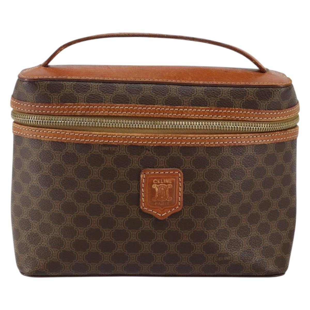 CELINE Macadam Canvas Vanity Pouch PVC Leather Brown Gold Auth mr1502