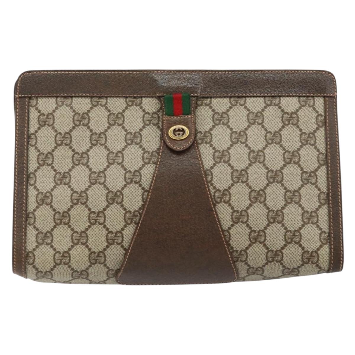 GUCCI GG Supreme Web Sherry Line Clutch Bag Beige Gold 156 01 033 Auth mr1505