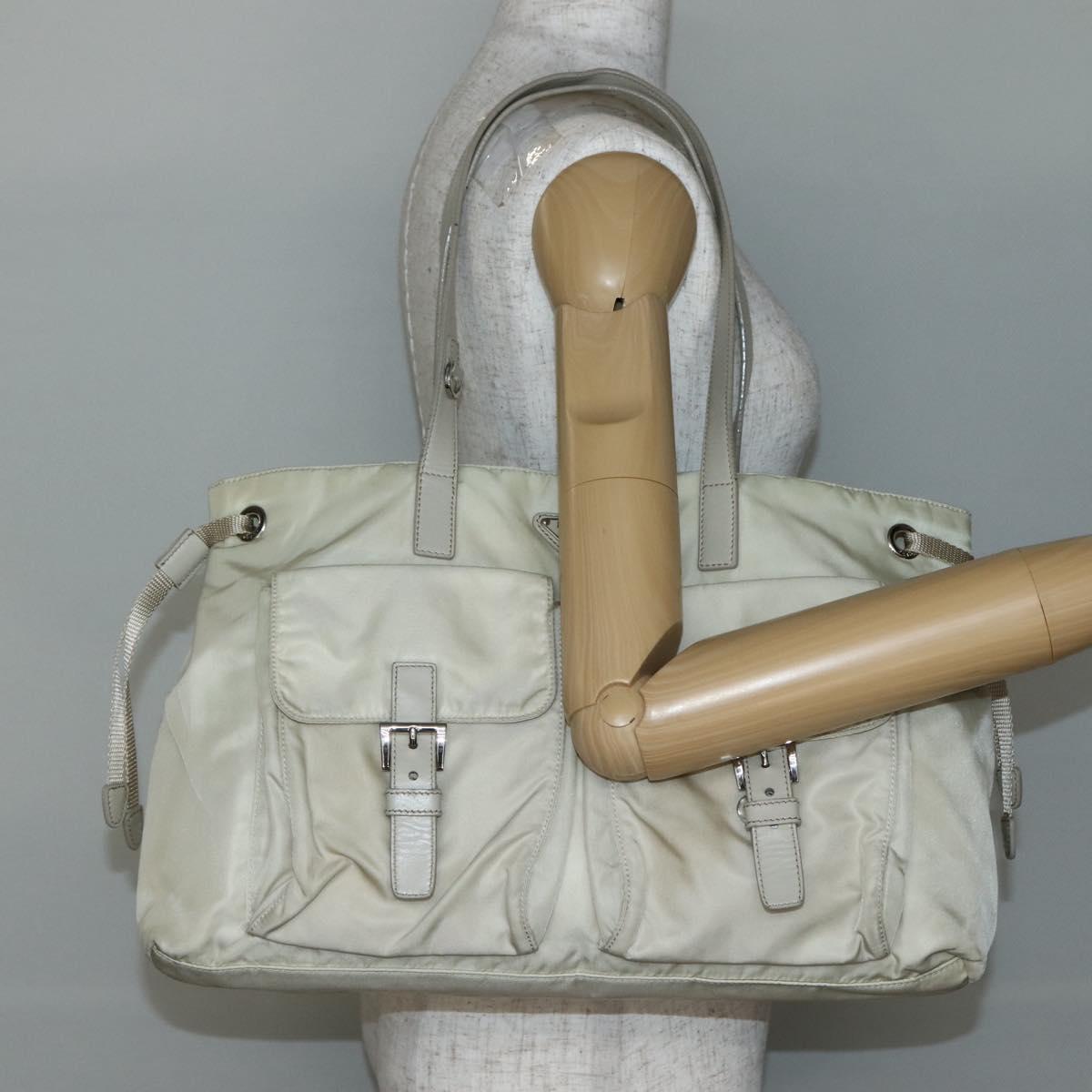 PRADA Tote Bag Nylon Beige Silver Auth mr1510