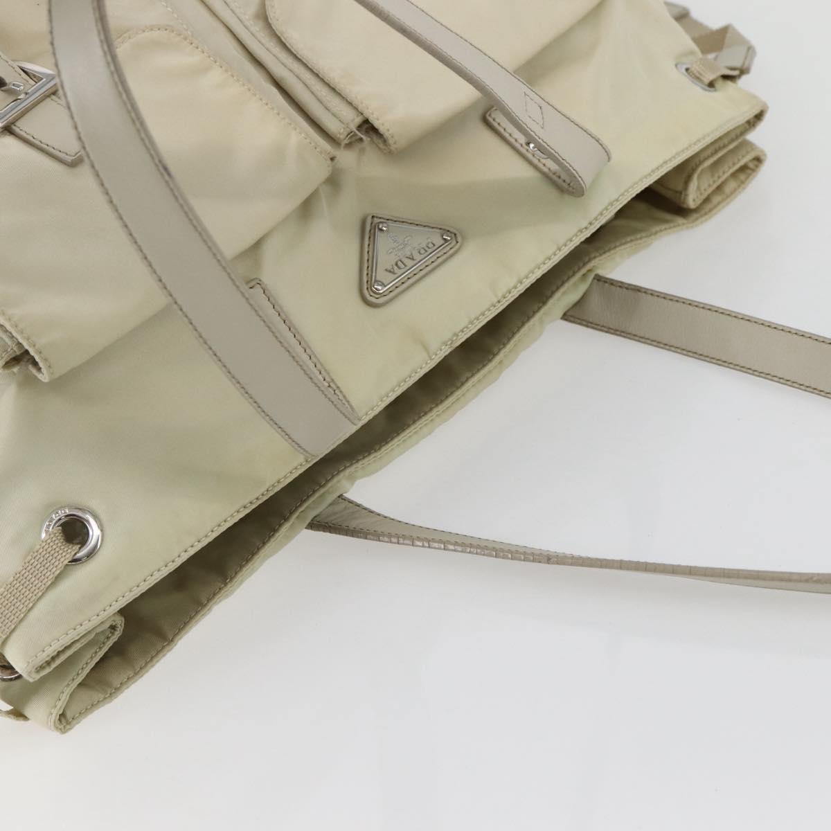 PRADA Tote Bag Nylon Beige Silver Auth mr1510
