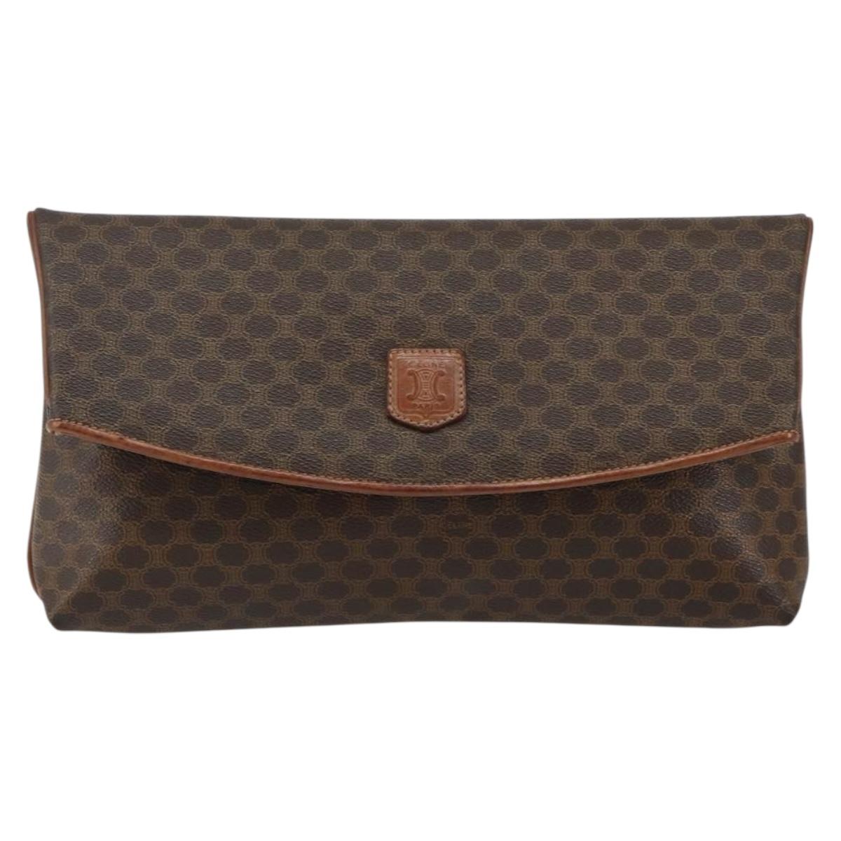 CELINE Macadam Canvas Clutch Bag PVC Leather Brown Gold Auth mr1513