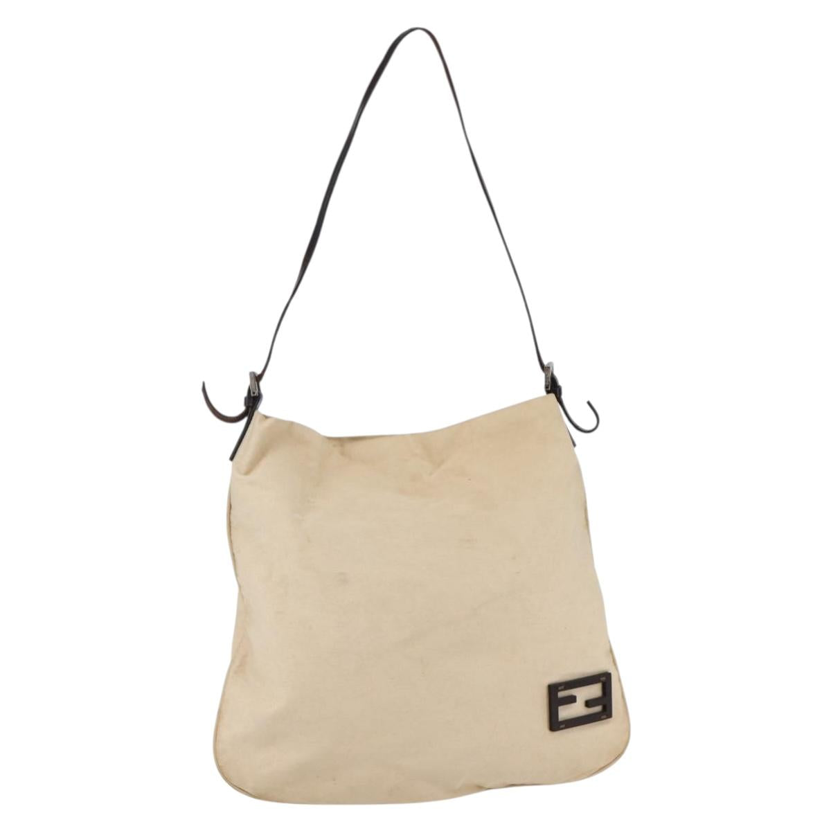 FENDI Shoulder Bag Canvas Beige Silver Auth mr1514