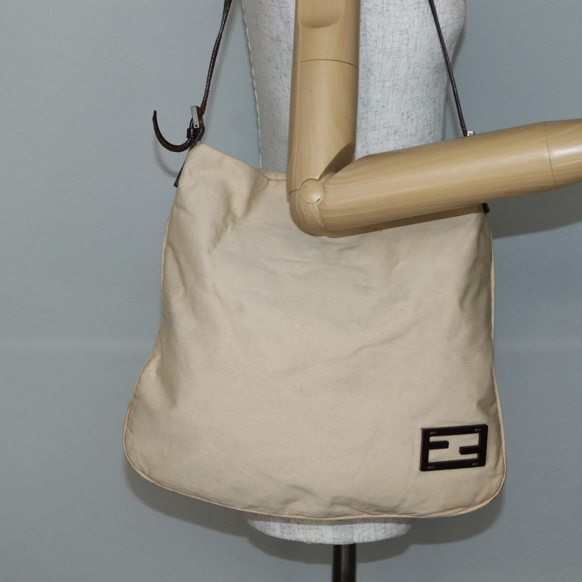 FENDI Shoulder Bag Canvas Beige Silver Auth mr1514
