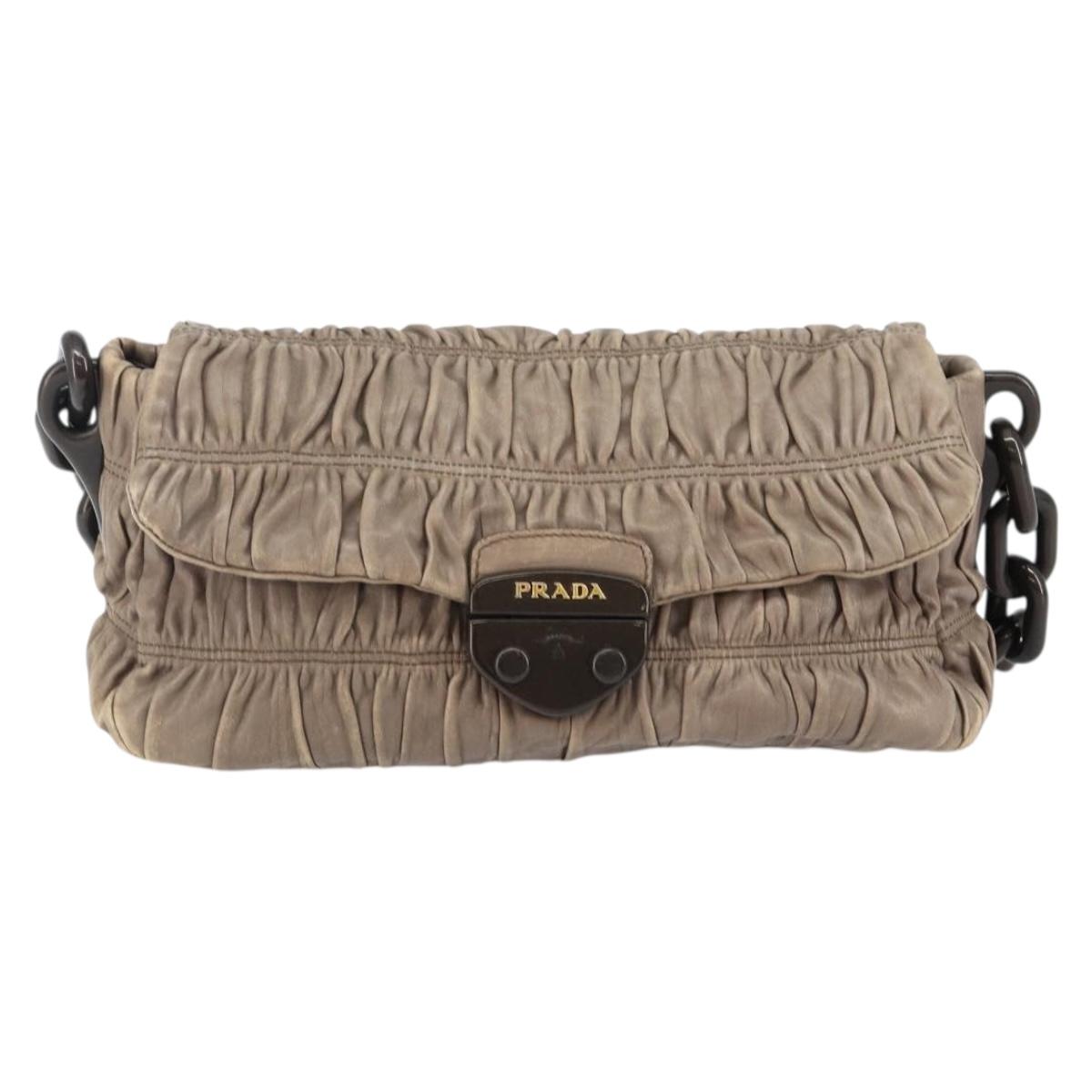 PRADA Quilted Gathered Shoulder Bag Leather plastic Brown Auth mr1517