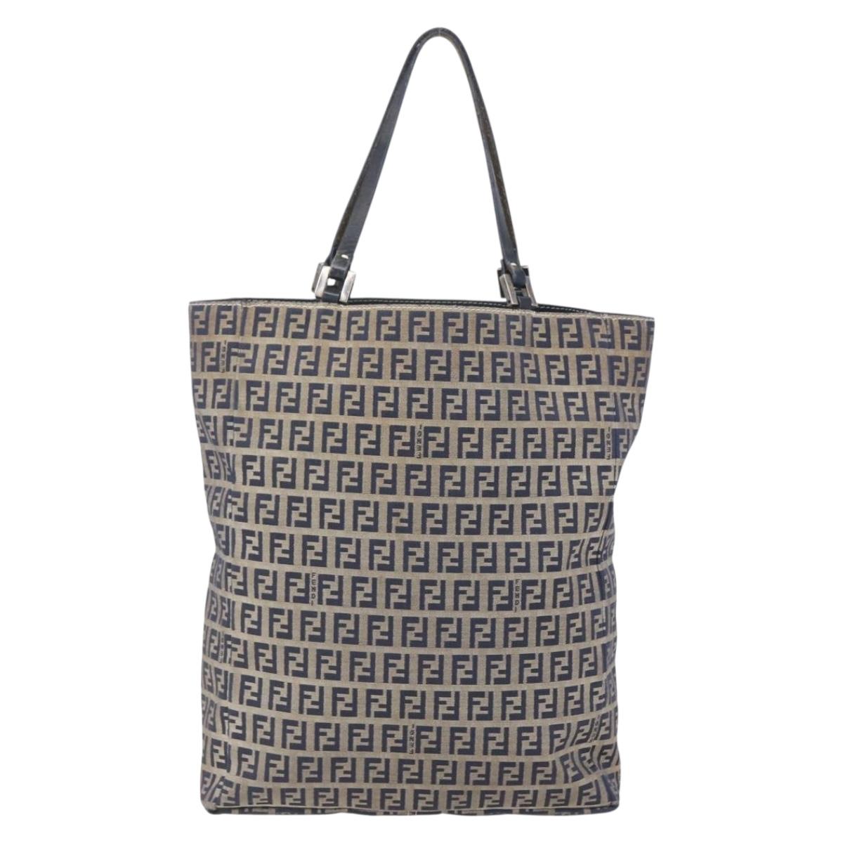 FENDI Zucchino Canvas Tote Bag Navy Silver Auth mr1524
