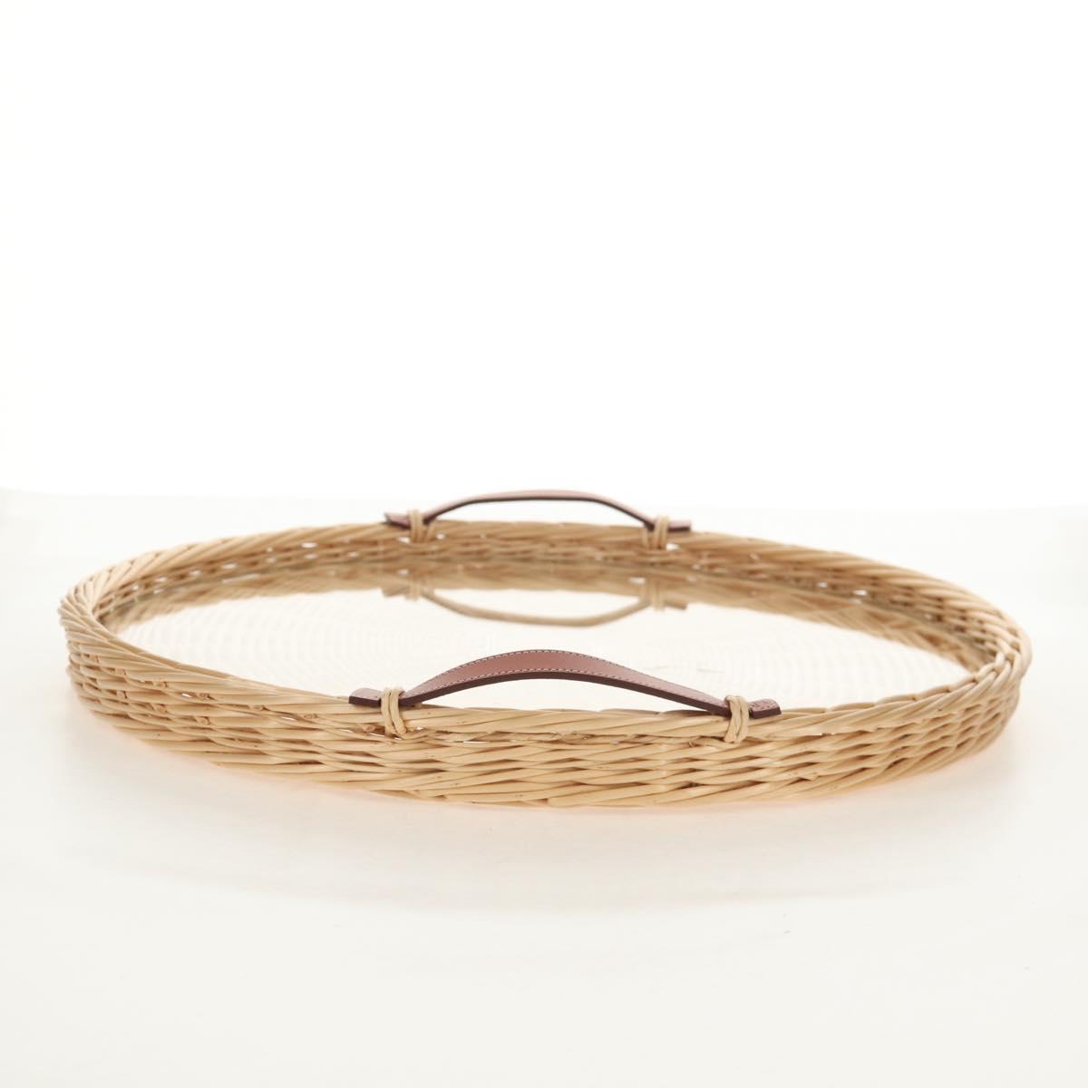 HERMES Wicker Round Tray Ozre Wood Beige Auth mr1545SAV