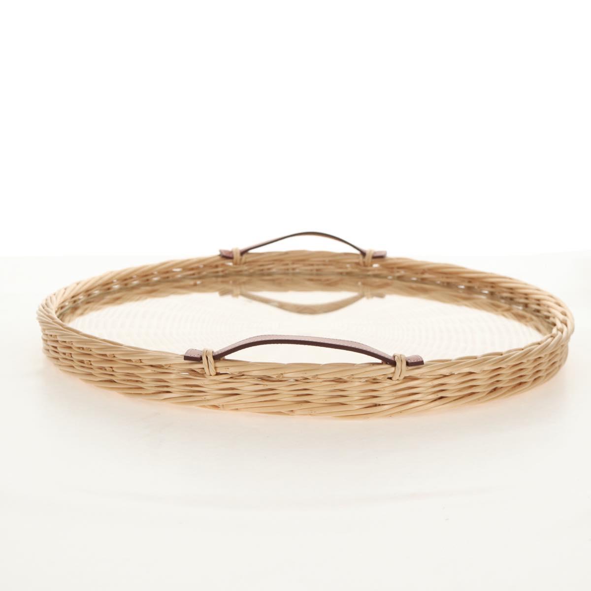 HERMES Wicker Round Tray Ozre Wood Beige Auth mr1545SAV