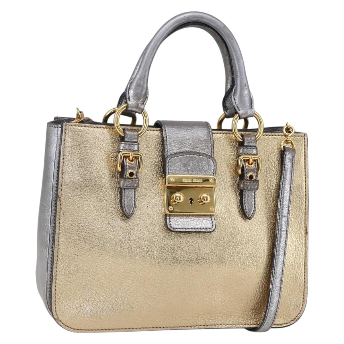 Miu Miu Madras Hand Bag Leather 2way Gold Auth mr1549