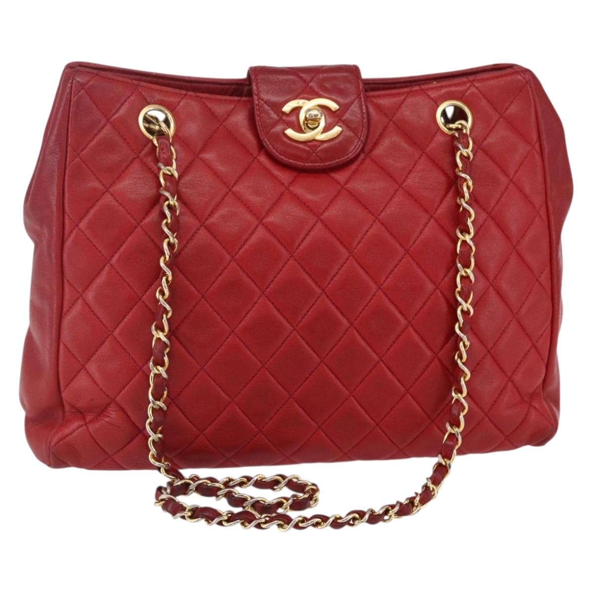 CHANEL Matelasse Chain Shoulder Bag Lamb Skin Red Gold CC Auth mr1552