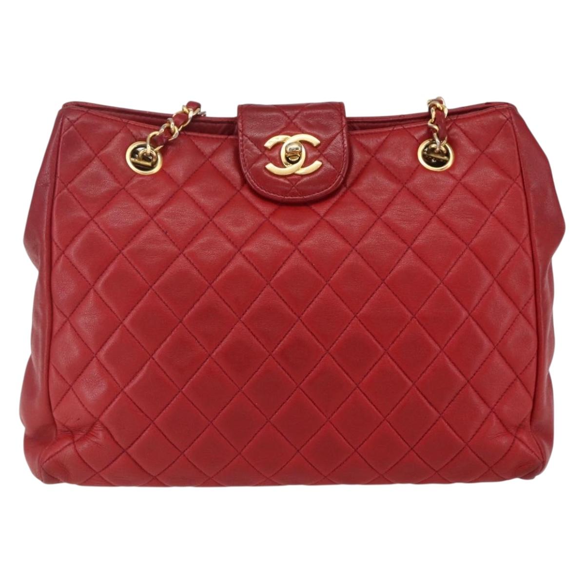 CHANEL Matelasse Chain Shoulder Bag Lamb Skin Red Gold CC Auth mr1552