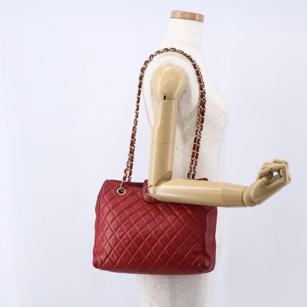 CHANEL Matelasse Chain Shoulder Bag Lamb Skin Red Gold CC Auth mr1552