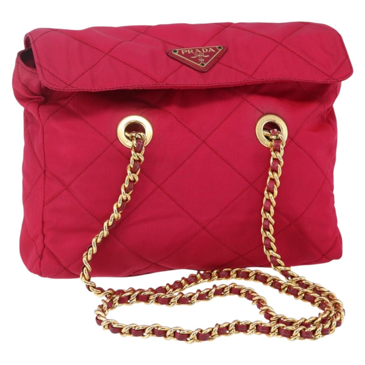 PRADA Quilted Chain Shoulder Bag Nylon Pink Gold Auth mr1558