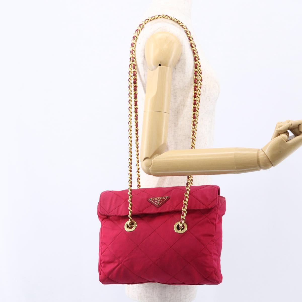 PRADA Quilted Chain Shoulder Bag Nylon Pink Gold Auth mr1558