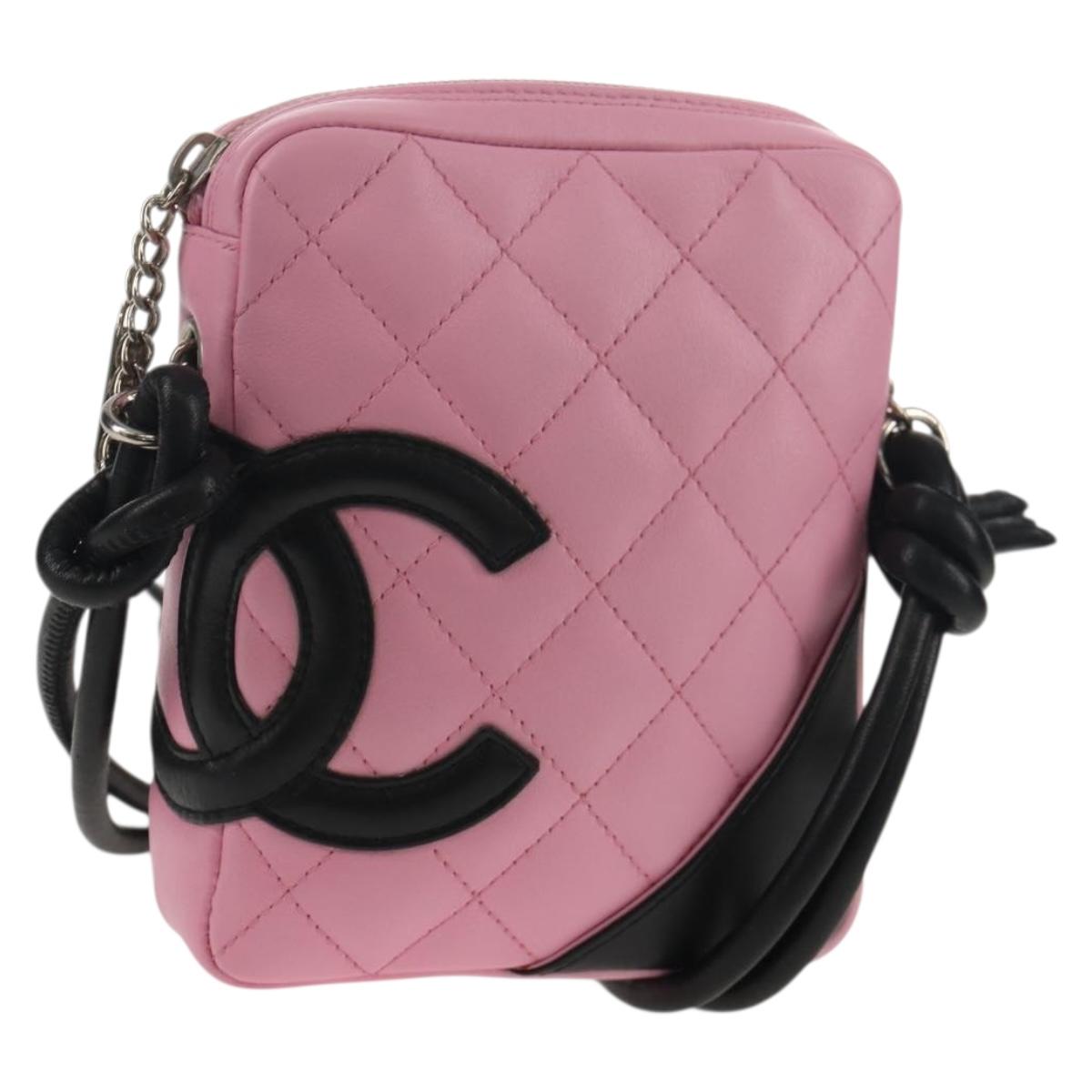 CHANEL Cambon Line Shoulder Bag Leather Pink Black CC Auth mr1562V