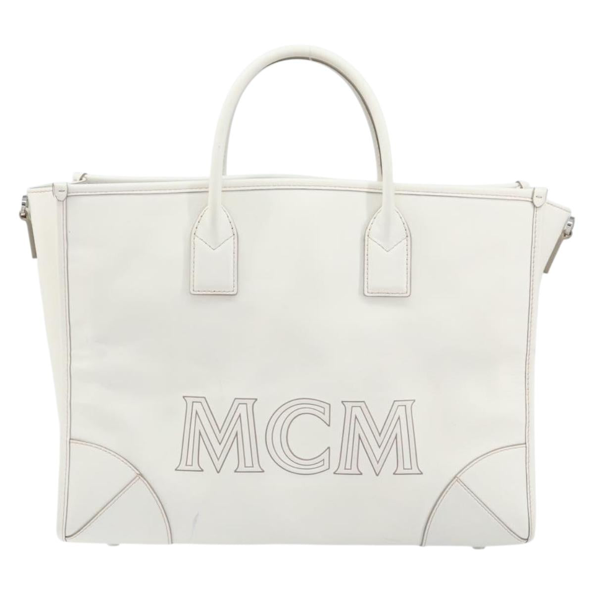 MCM Hand Bag Leather White Gold Auth mr1564