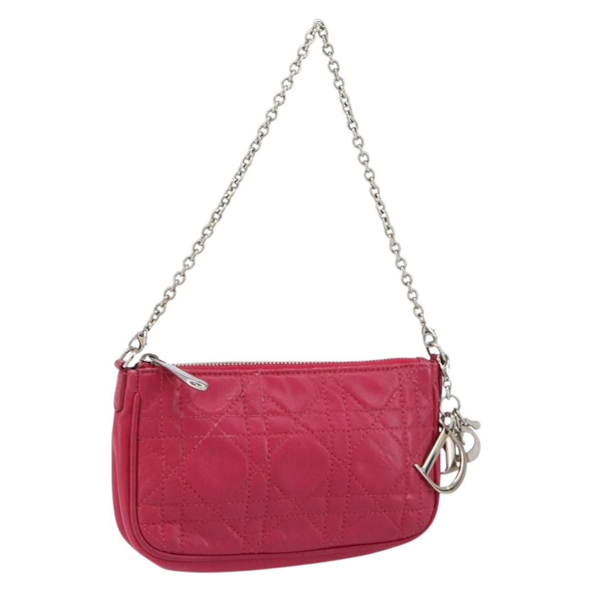Christian Dior Canage Chain Shoulder Bag Lamb Skin Pink Silver Auth mr1565