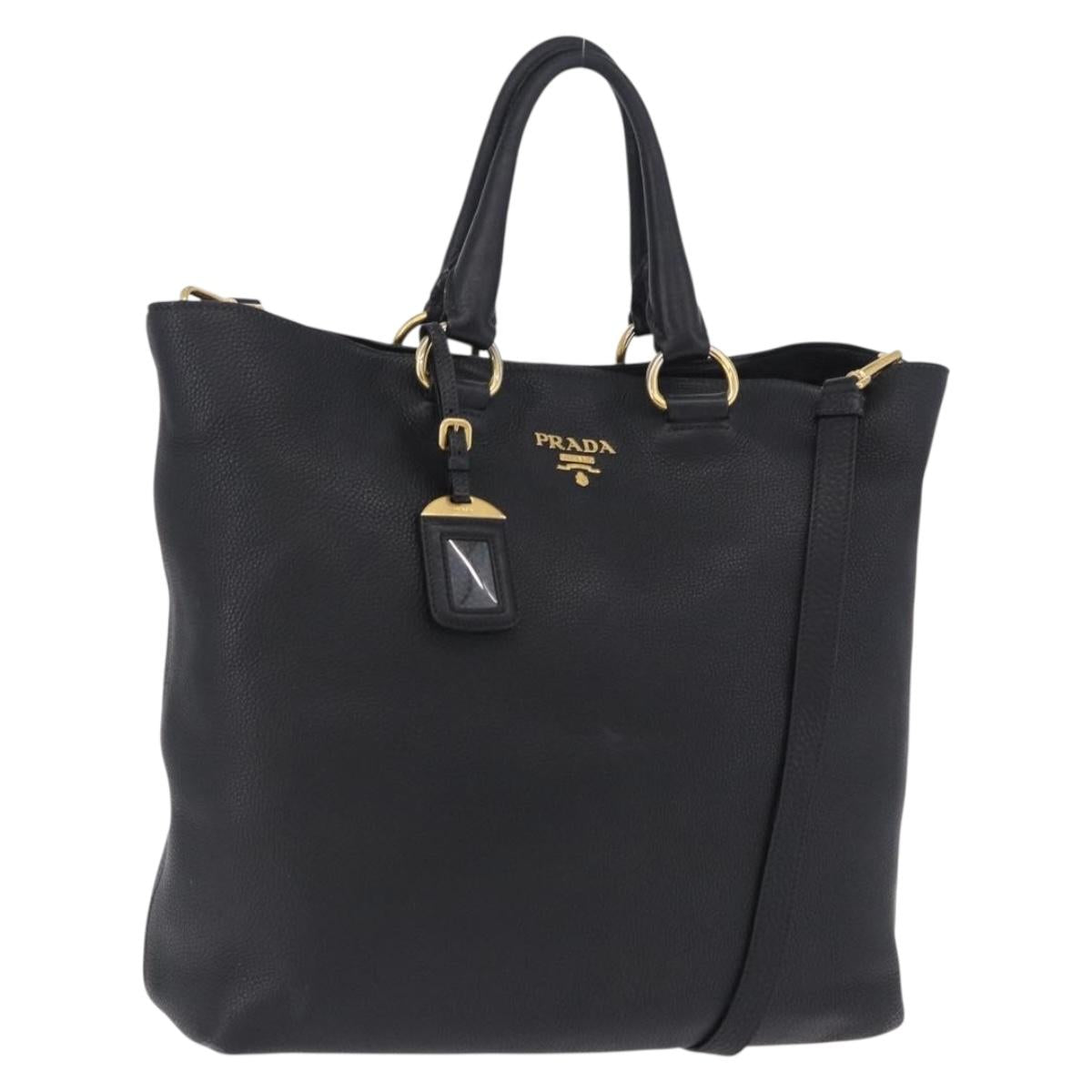 PRADA Hand Bag Leather 2way Black Gold Auth mr1569