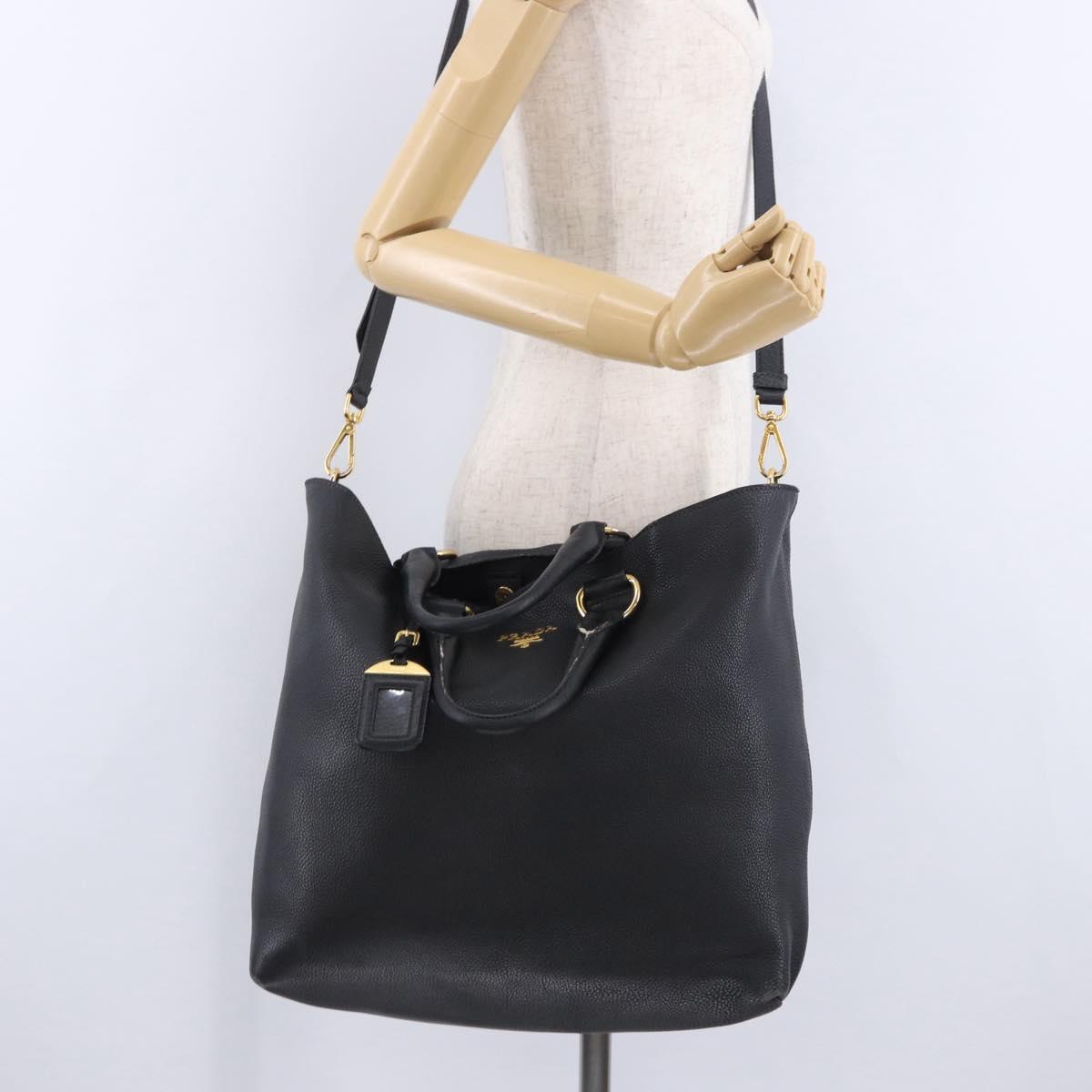 PRADA Hand Bag Leather 2way Black Gold Auth mr1569