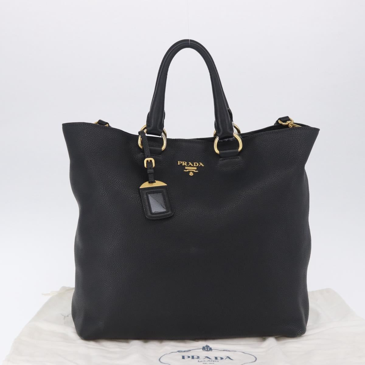 PRADA Hand Bag Leather 2way Black Gold Auth mr1569