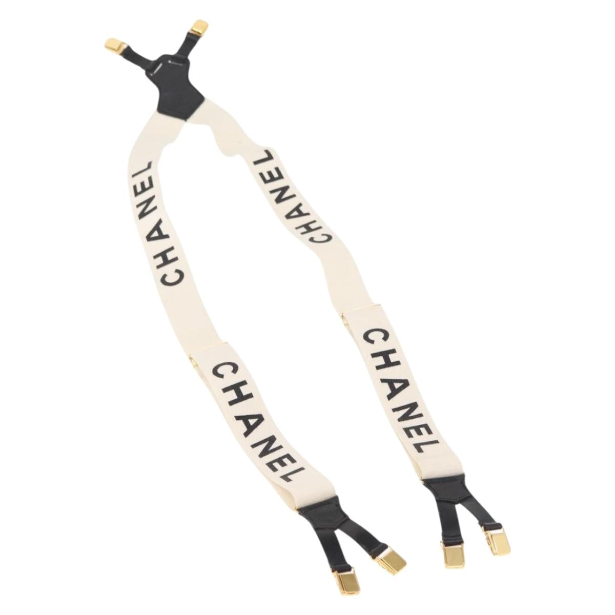 CHANEL Suspenders Canvas Leather White CC Auth mr1577