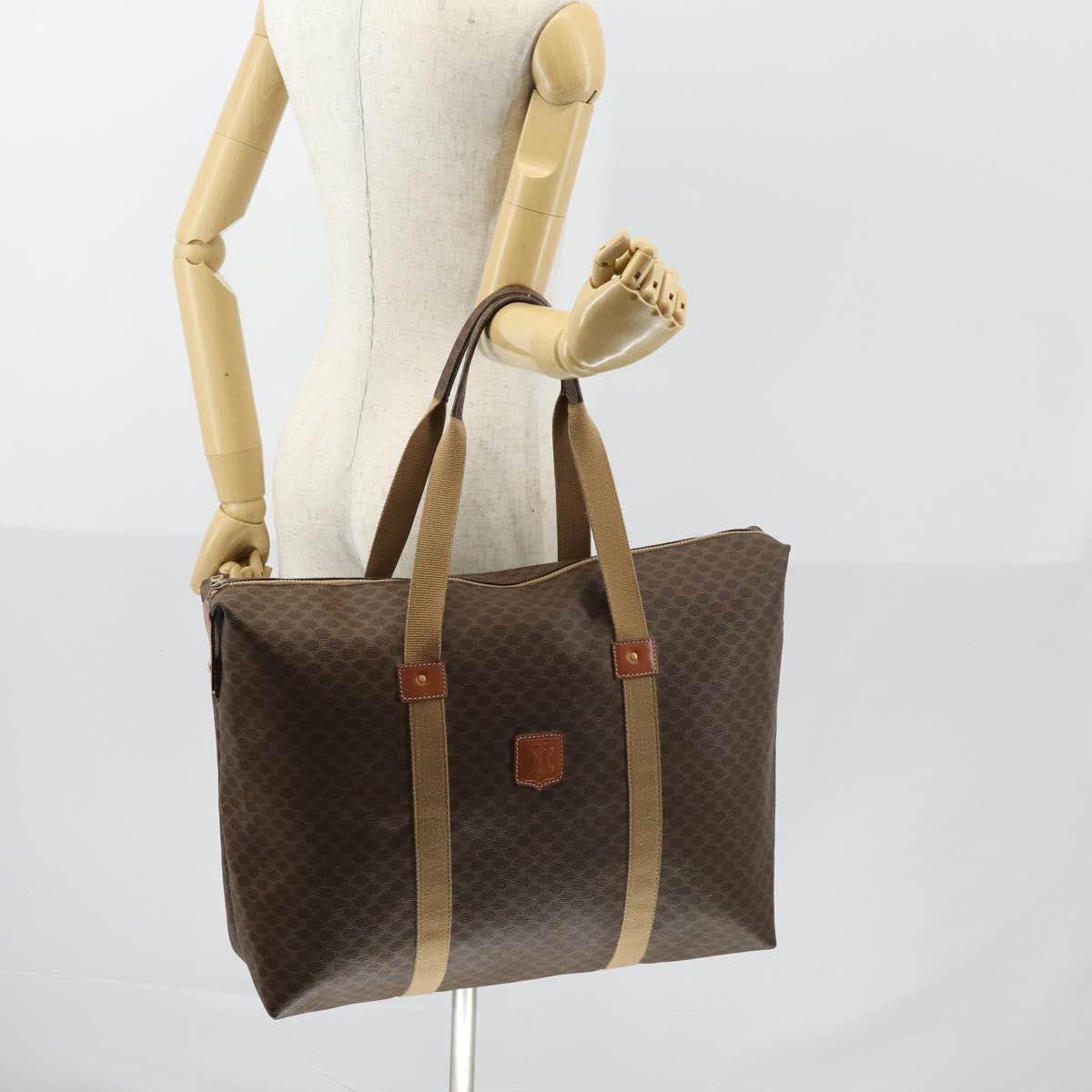 CELINE Macadam Canvas Boston Bag PVC Brown Gold Auth mr1580