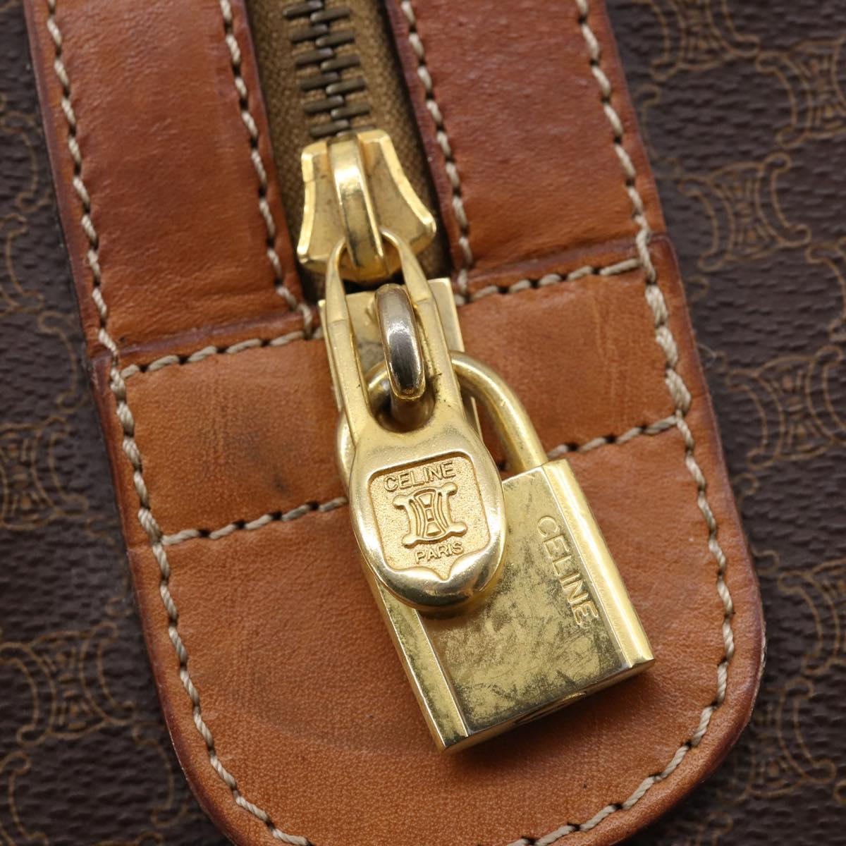 CELINE Macadam Canvas Boston Bag PVC Brown Gold Auth mr1581