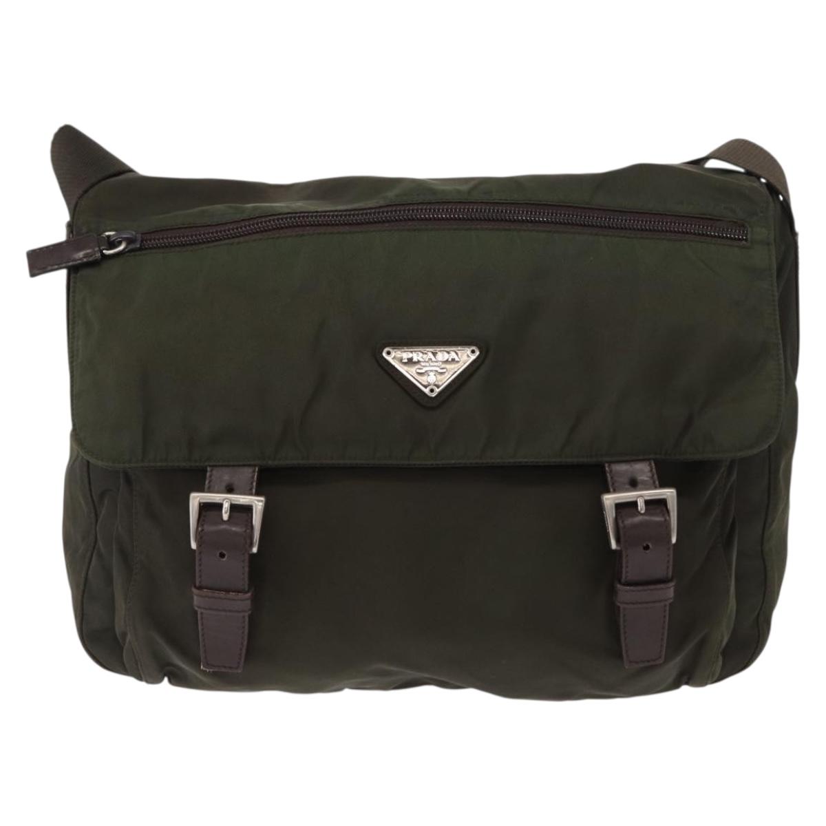 PRADA Shoulder Bag Nylon Khaki Silver Auth mr1593
