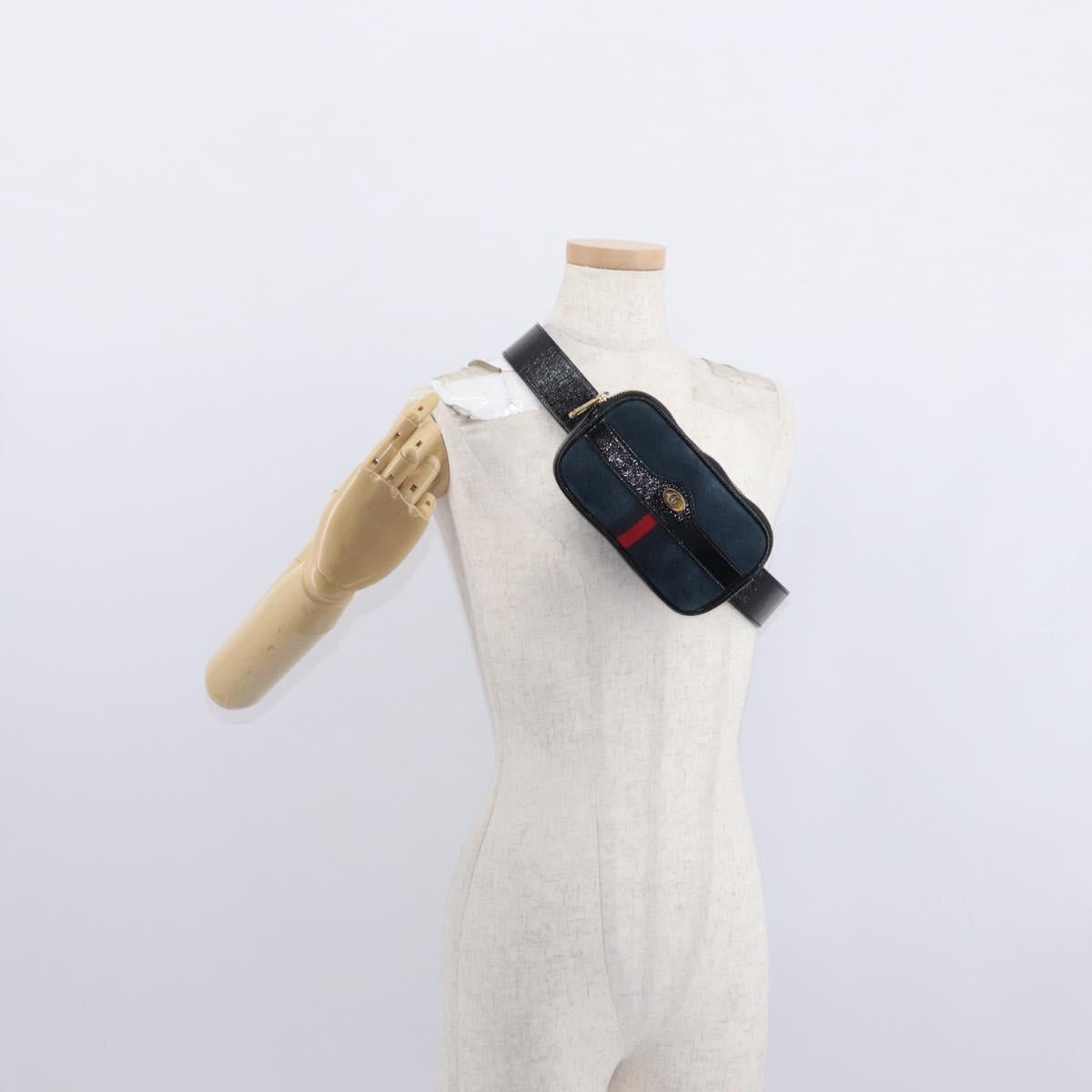 GUCCI Sherry Line Waist Bag Suede Enamel Navy gold 519308 Auth mr1606