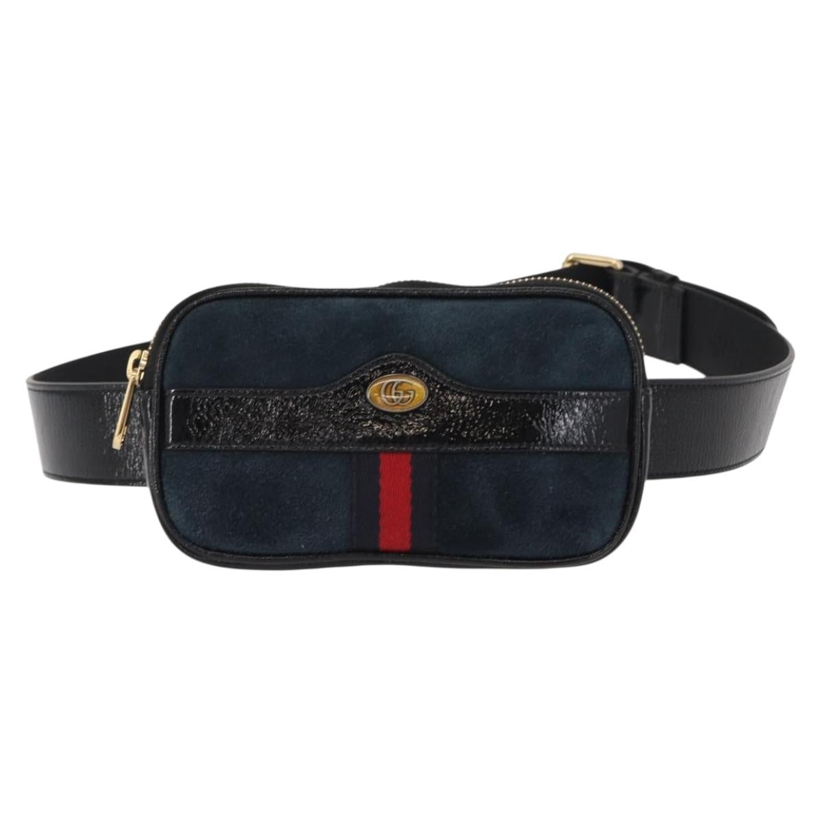 GUCCI Sherry Line Waist Bag Suede Enamel Navy gold 519308 Auth mr1606