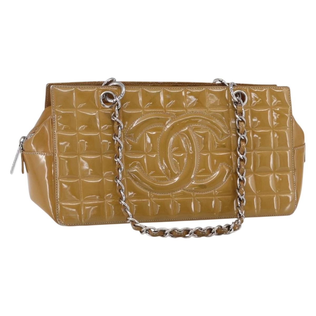 CHANEL Chain Shoulder Bag Patent leather Yellow Silver CC Auth mr1607