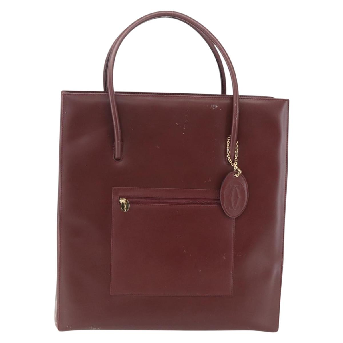 CARTIER Tote Bag Leather Bordeaux Gold Auth mr1623