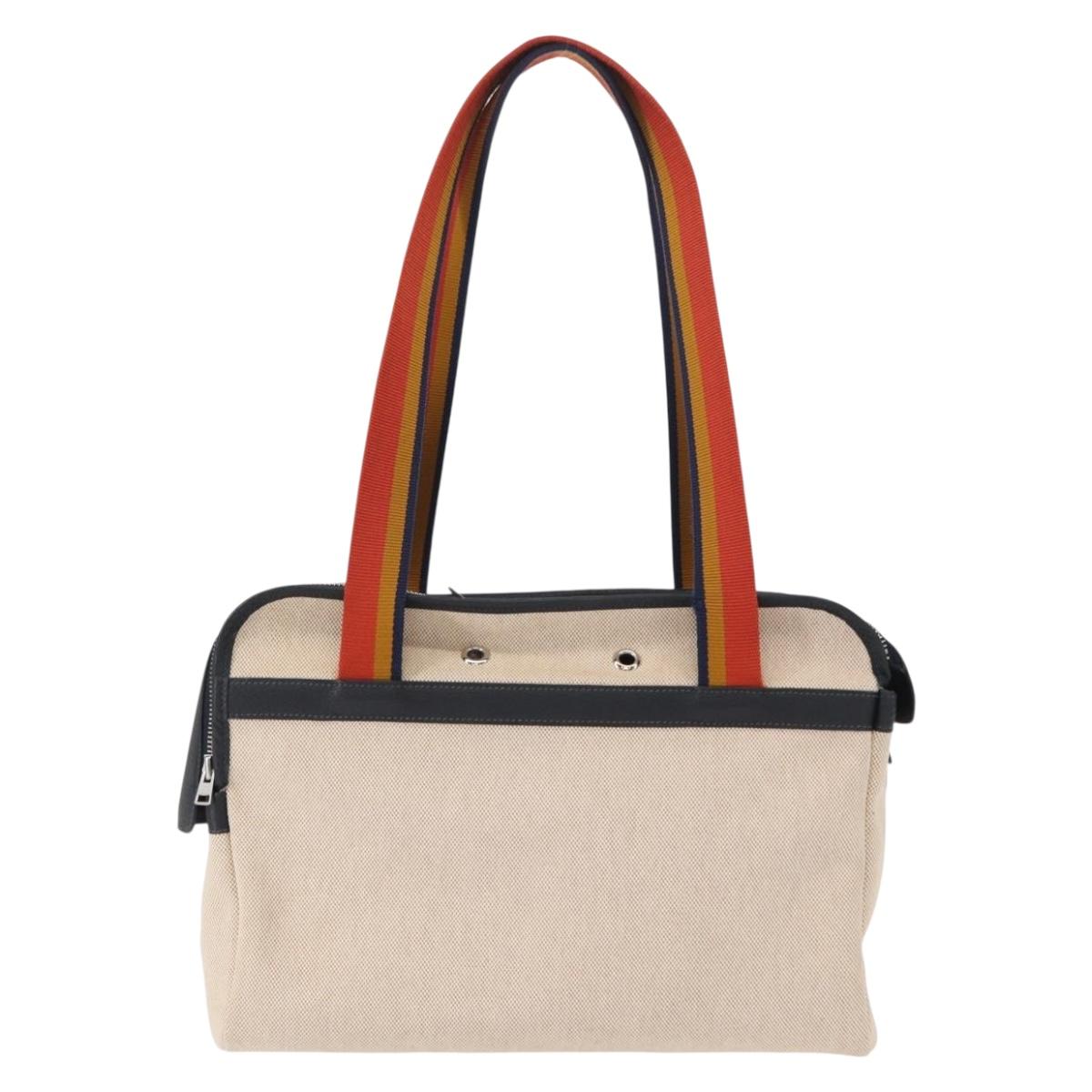 HERMES Pet Carry Bag Canvas Leather Beige Silver Auth mr1626