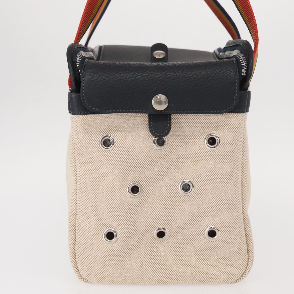 HERMES Pet Carry Bag Canvas Leather Beige Silver Auth mr1626