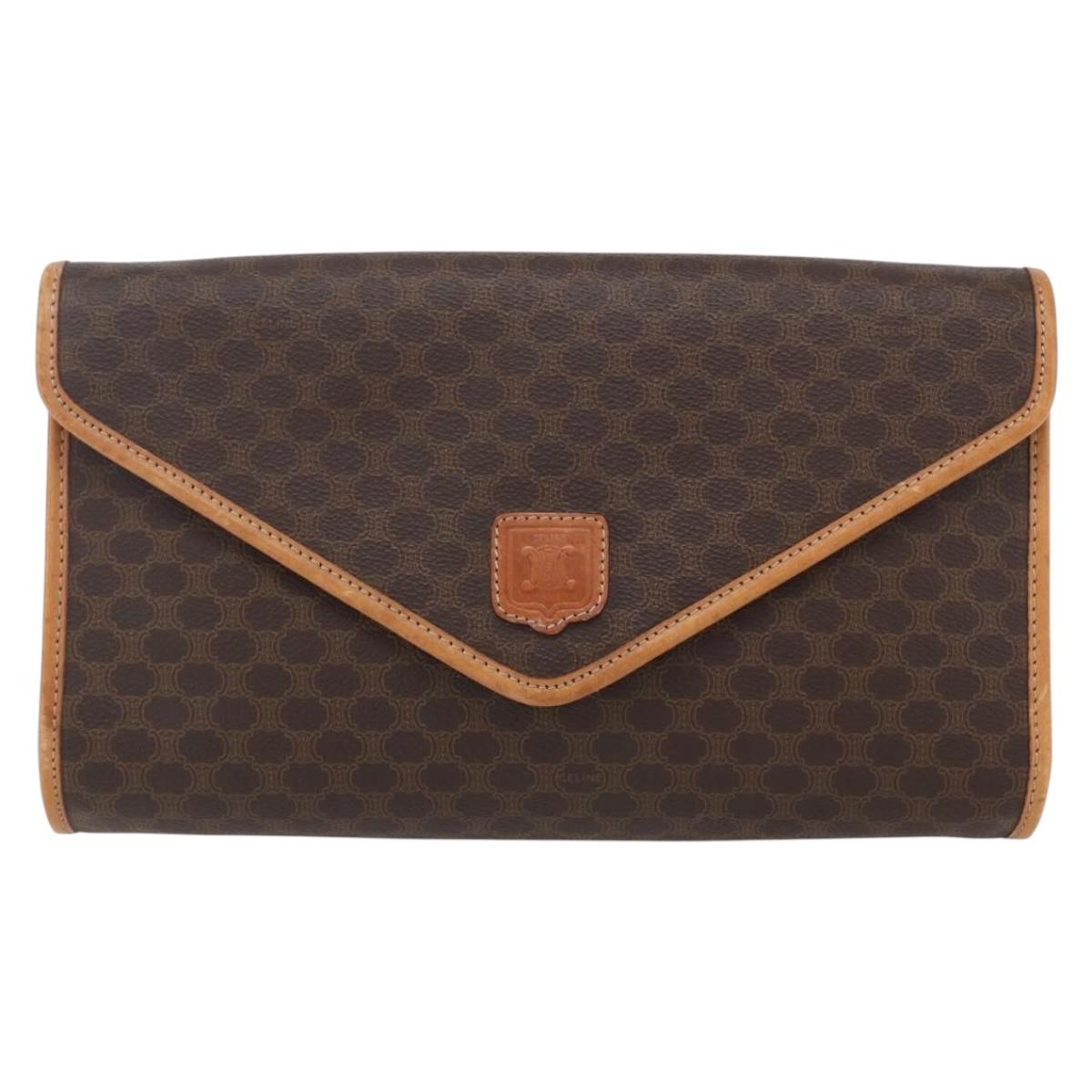 CELINE Macadam Canvas Clutch Bag PVC Leather Brown Gold Auth mr1627