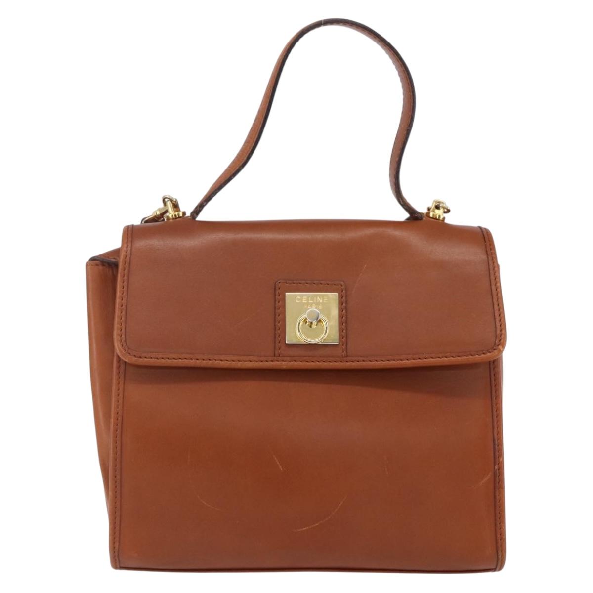 CELINE Hand Bag Leather 2way Brown gold Auth mr1643