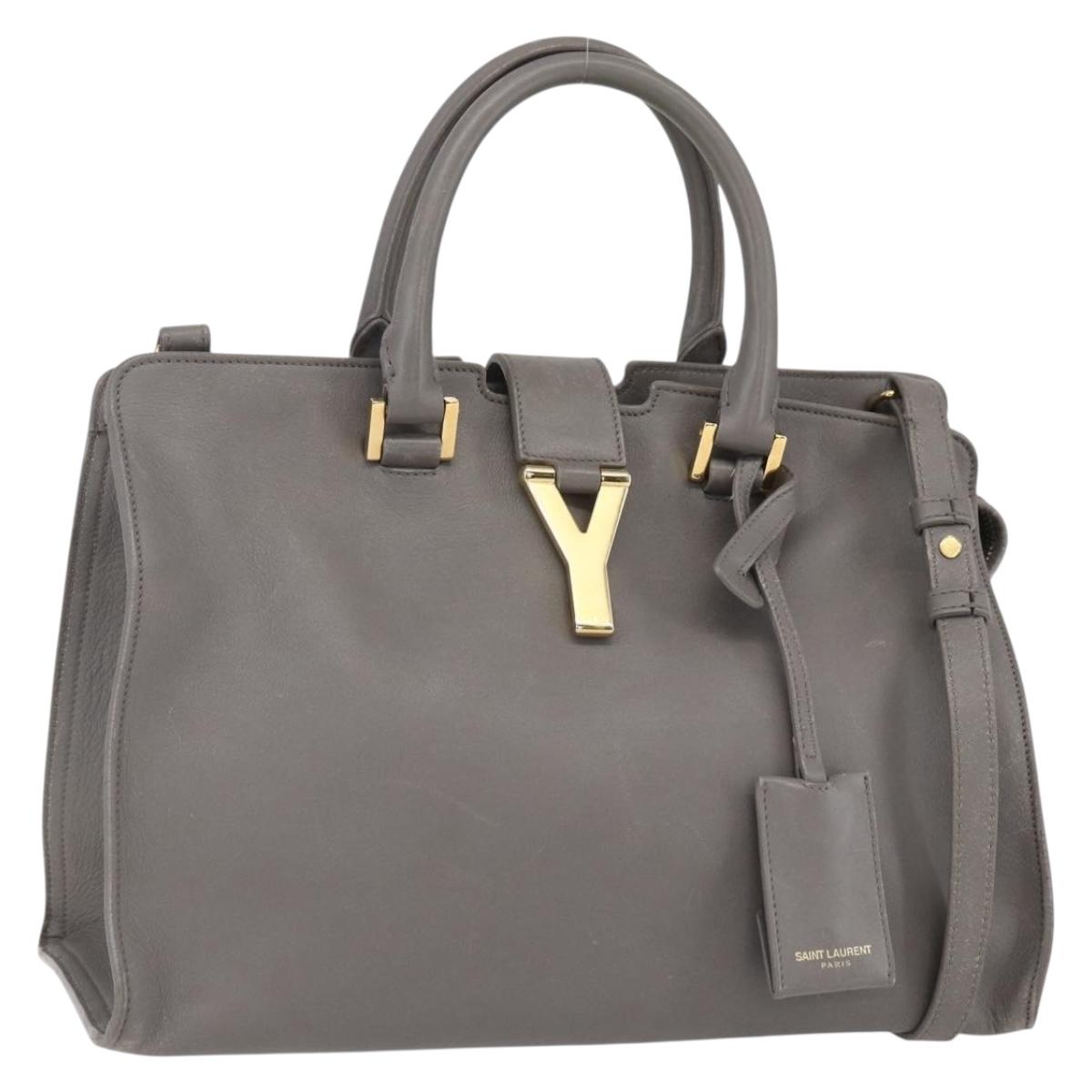 SAINT LAURENT Petit Cabas Hand Bag Leather 2way Gray Gold Auth mr1644