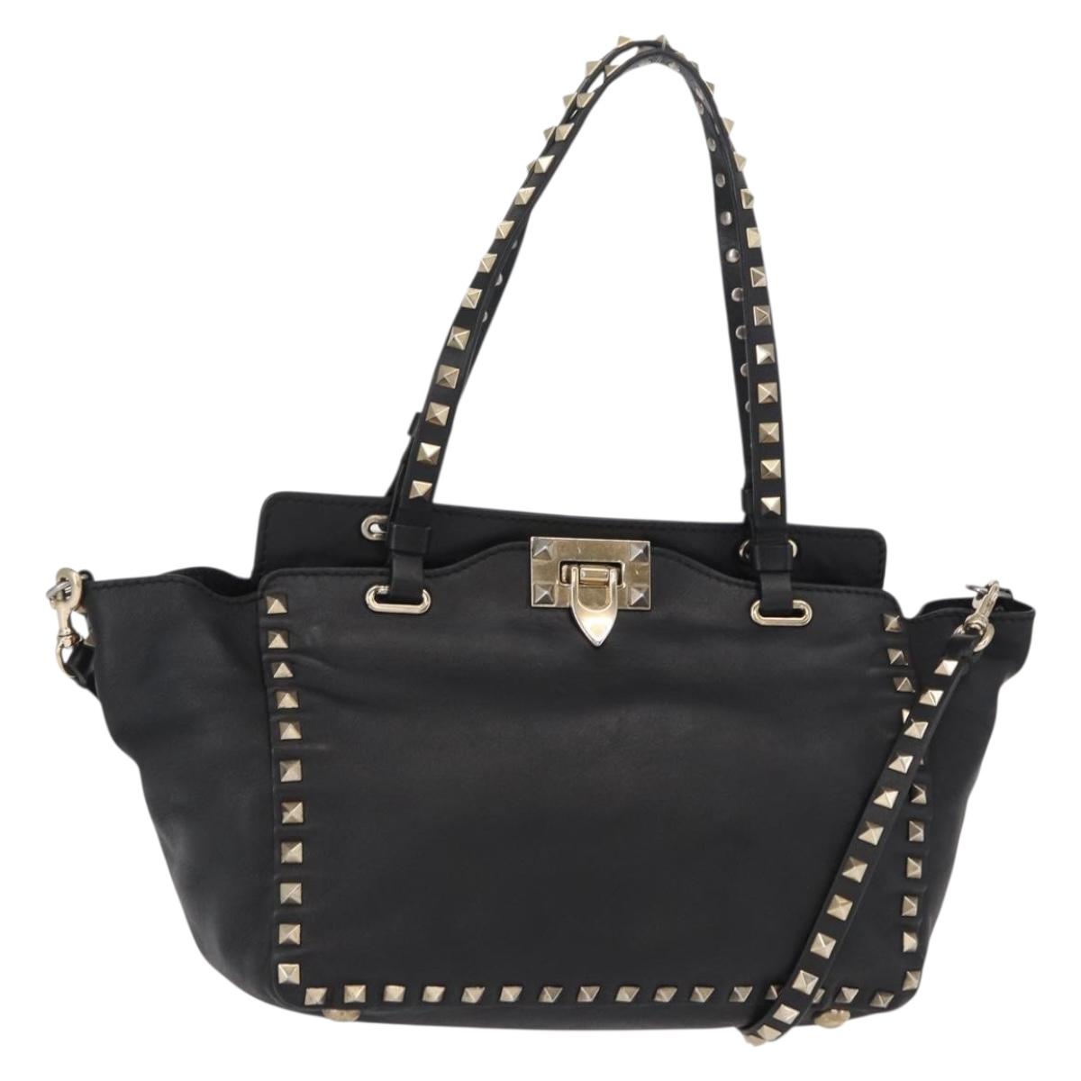 VALENTINO Studs Tote Bag Leather 2way Black Gold Silver Auth mr1645