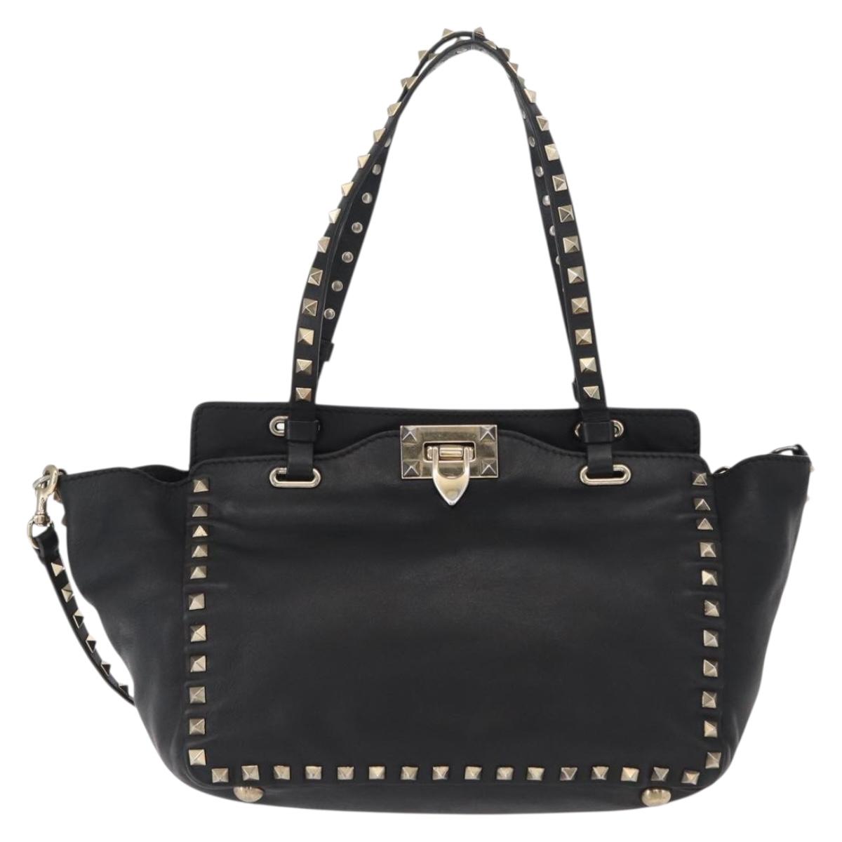 VALENTINO Studs Tote Bag Leather 2way Black Gold Silver Auth mr1645
