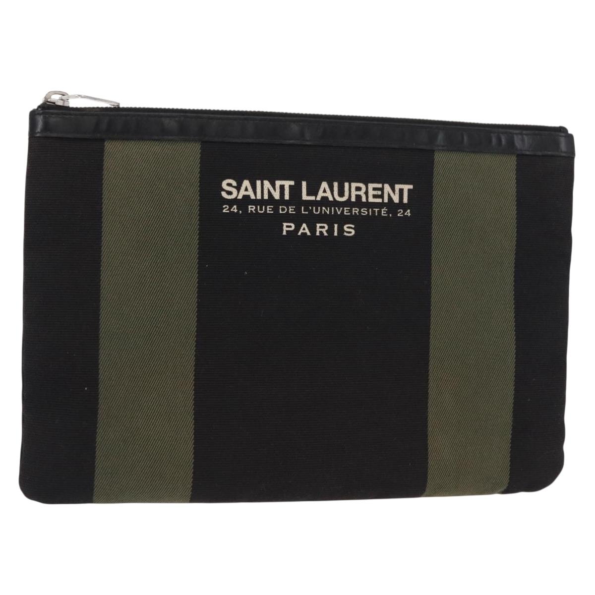 SAINT LAURENT Clutch Bag Canvas Leather Black Khaki Silver Auth mr1652