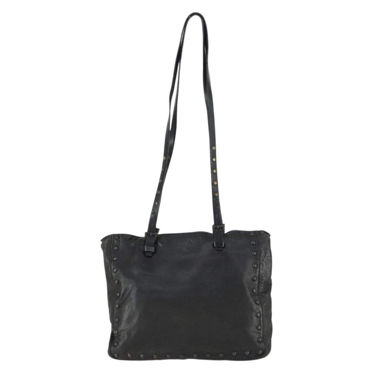 PRADA Studs Tote Bag Leather Black Silver Auth mr1666
