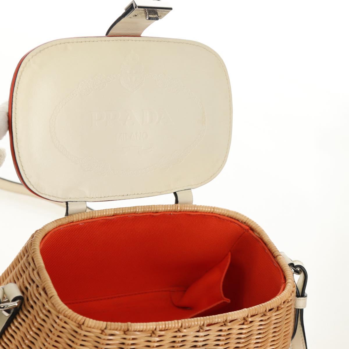 PRADA Basket Bag Wicker Leather White Beige Silver Auth mr1668SAM