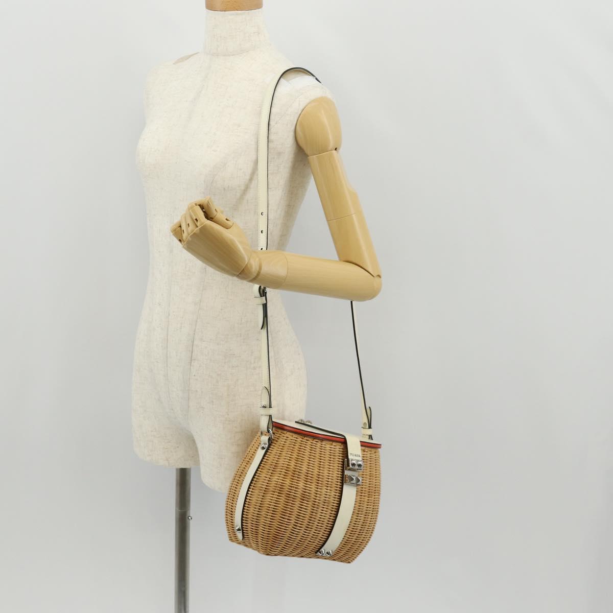 PRADA Basket Bag Wicker Leather White Beige Silver Auth mr1668SAM
