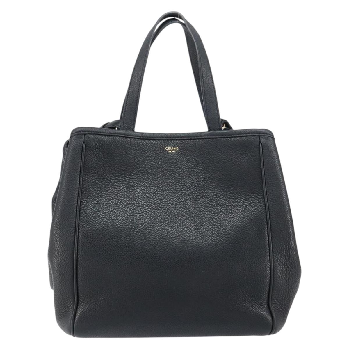 CELINE Small Fold Cabas Shoulder Bag Leather Black Gold Auth mr1681V