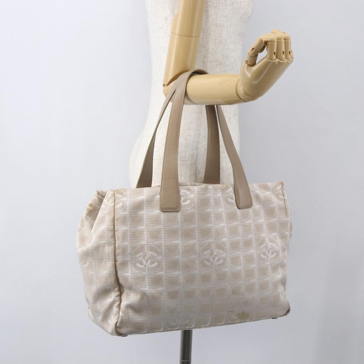 CHANEL New Travel line Hand Bag Nylon Beige Silver CC Auth mr1703