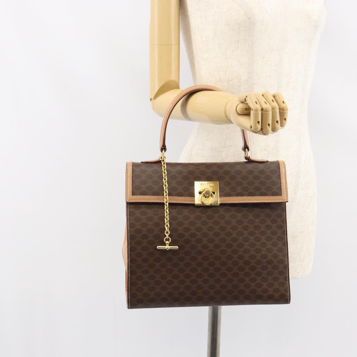 CELINE Macadam Canvas Hand Bag PVC Leather Brown Gold Auth mr1708A