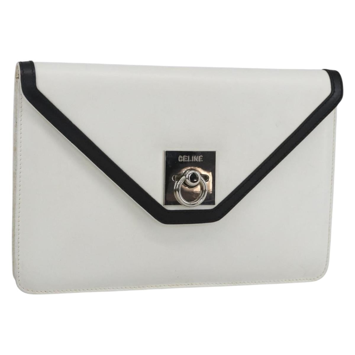 CELINE Clutch Bag Leather White Gold Auth mr1733