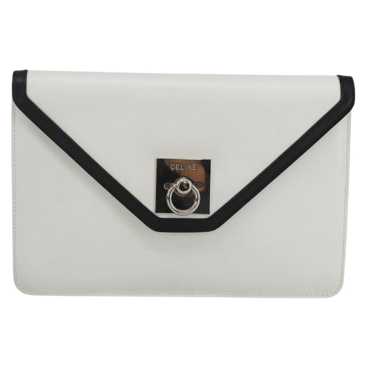 CELINE Clutch Bag Leather White Gold Auth mr1733